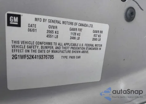 2001 Chevrolet Impala z USA, uszkodzony, nr VIN 2G1WF52K419376785